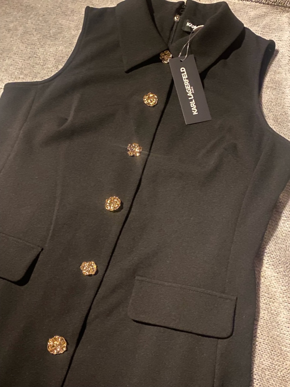 (NWT) KARL LAGERFELD- Black Sleeveless Button-Front Ruffle Hem Mini Dress 🖤 ✨ - Picture 13 of 16